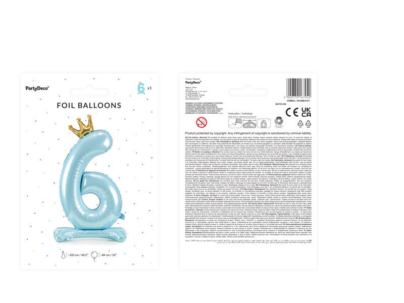 Folie Ballon Cijfer 6 Lichtblauw Standaard Leeg 84cm van Partydeco koop je bij Partywinkel