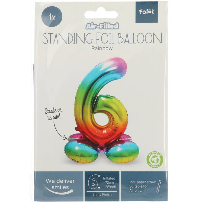 Folie Ballon Cijfer 6 Regenboog met standaard 72cm van Folat koop je bij Partywinkel