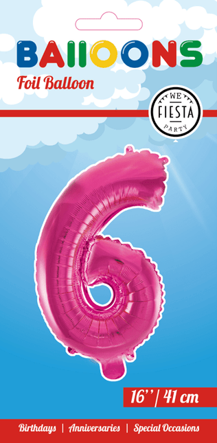 Folie Ballon Cijfer 6 Roze 41cm met Rietje van WeFiesta koop je bij Partywinkel