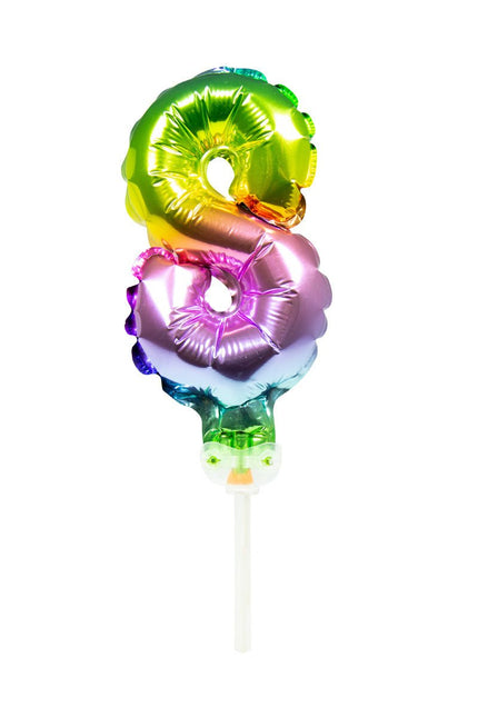 Folie Ballon Cijfer 8 Regenboog 13cm met Stokje van Folat koop je bij Partywinkel