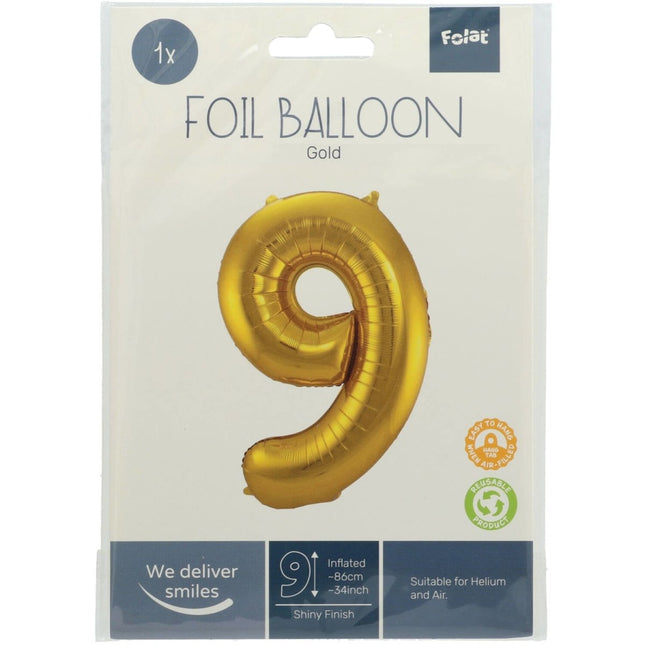 Folie Ballon Cijfer 9 Goud Metallic XL 86cm leeg van Folat koop je bij Partywinkel