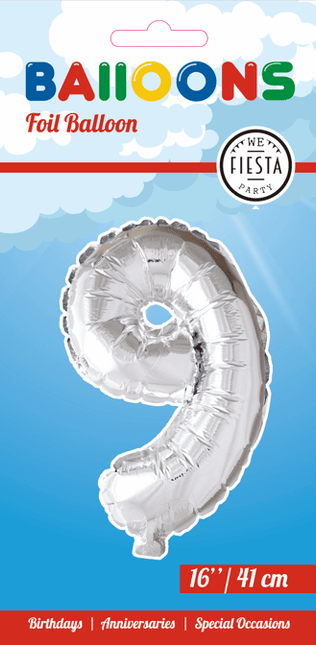 Folie Ballon Cijfer 9 Zilver 41cm met Rietje van WeFiesta koop je bij Partywinkel
