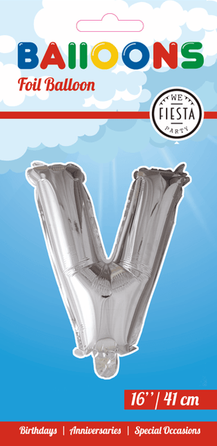 Folie Ballon Letter V Zilver 41cm met Rietje van WeFiesta koop je bij Partywinkel
