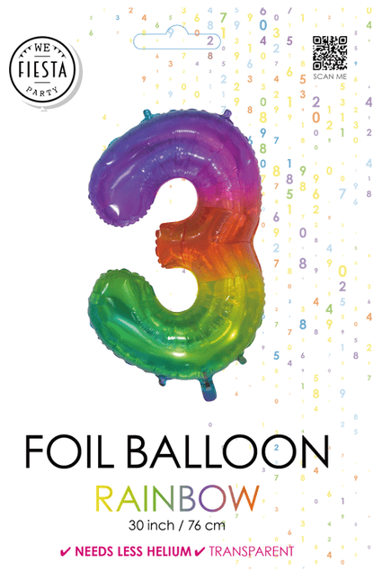 Folieballon Cijfer 3 Regenboog Transparant 66cm van WeFiesta koop je bij Partywinkel