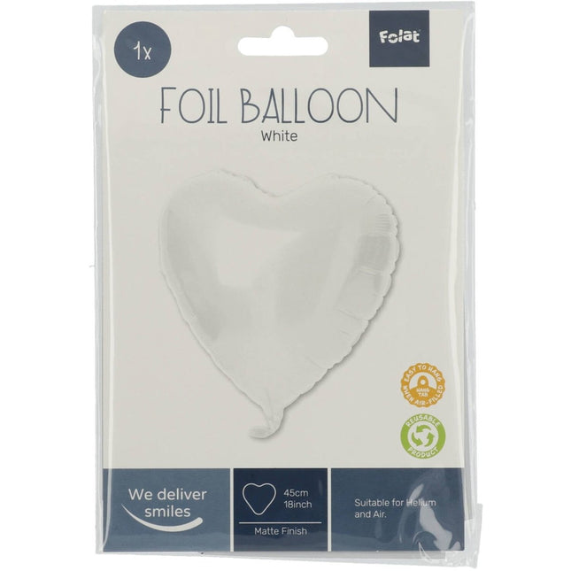 Folieballon Hartvormig Wit Metallic Mat - 45 cm van Folat koop je bij Partywinkel