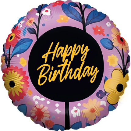 Ballon à l'hélium « Joyeux anniversaire » violet avec des fleurs, vide, 45 cm