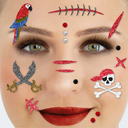 Faux tatouages rouges pour le visage, paillettes, pirate