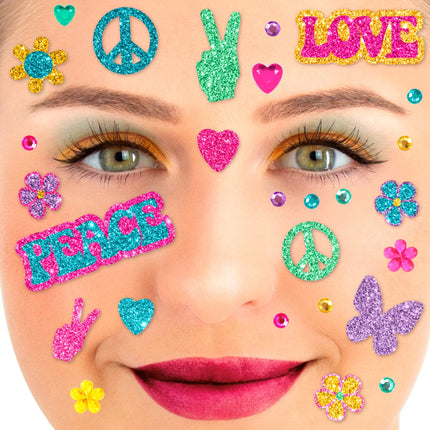 Tatouages temporaires colorés pour le visage « Flower Power » pailletés