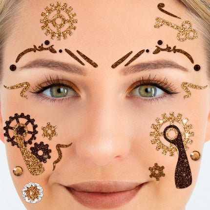 Faux tatouages marron pour le visage, paillettes, steampunk, laiton