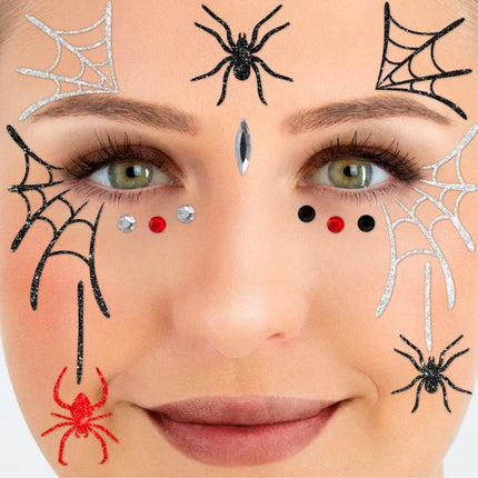 Autocollants « Visage de toile d'araignée » noir et rouge pailleté