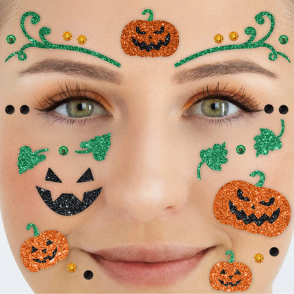 Tatouages temporaires verts et orange pour le visage, pailletés, citrouille