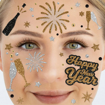 Tatouages temporaires dorés et argentés pour le visage, paillettes, Bonne année
