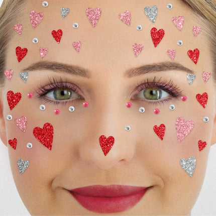 Tatouages temporaires rouges et roses pour le visage, paillettes et petits cœurs