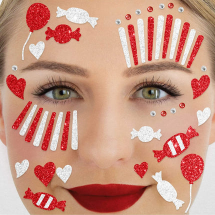 Faux tatouages rouges et blancs pour le visage, clown pailleté