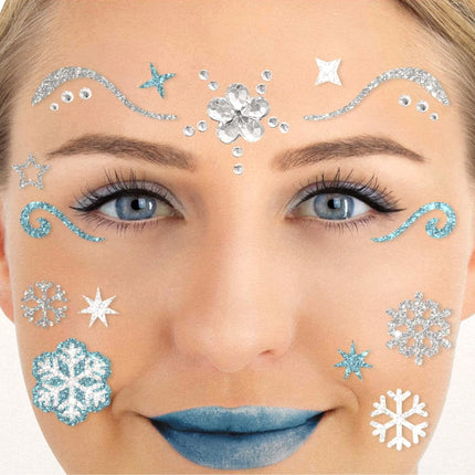 Tatouages temporaires bleus et argentés pour le visage, paillettes, princesse des glaces