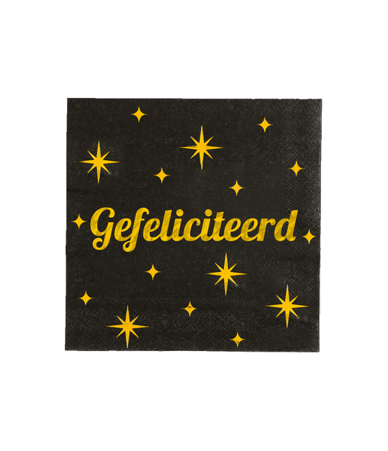Gefeliciteerd Servetten Goud Zwart Sterren 19cm 16st - Partywinkel - 8716764246906