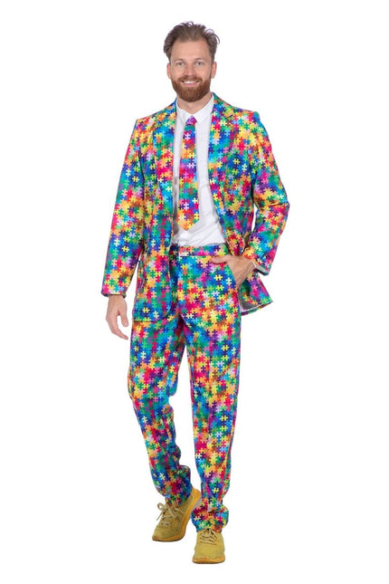 Gekleurd Pak Heren Puzzelstukjes 3 delig van Wilbers & Wilbers koop je bij Partywinkel