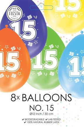 Gekleurde Ballonnen 15 Jaar 30cm 8st van WeFiesta koop je bij Partywinkel
