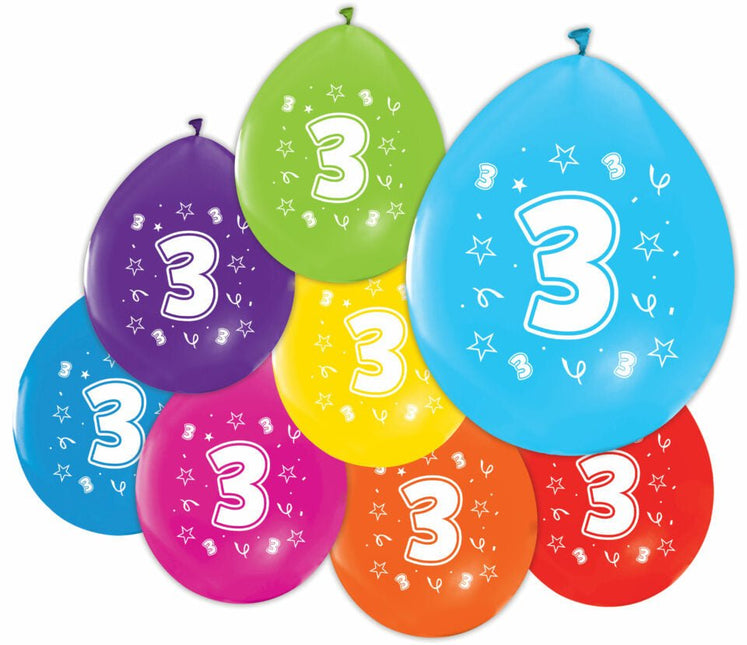 Gekleurde Ballonnen 3 Jaar 30cm 8st van WeFiesta koop je bij Partywinkel