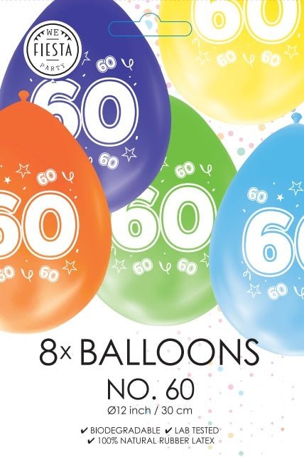 Gekleurde Ballonnen 60 Jaar 30cm 8st van WeFiesta koop je bij Partywinkel