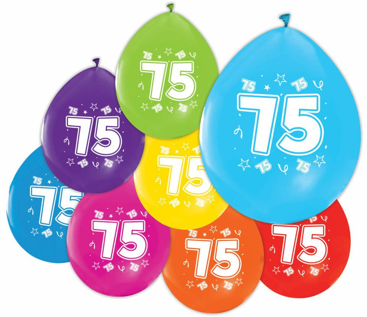 Gekleurde Ballonnen 75 Jaar 30cm 8st van WeFiesta koop je bij Partywinkel