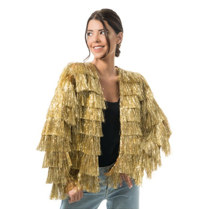 Veste dorée à paillettes et franges pour femme