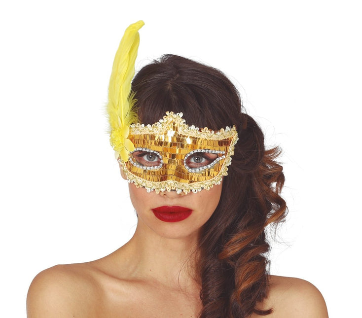 Goud Masker Veren van Fiestas Guirca koop je bij Partywinkel