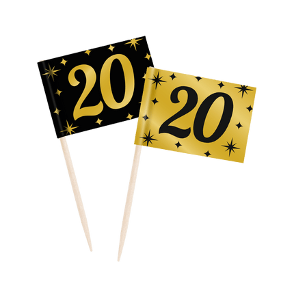 Goud Zwarte Cocktailprikkers 20 Jaar 6,5cm van Paper Dreams koop je bij Partywinkel
