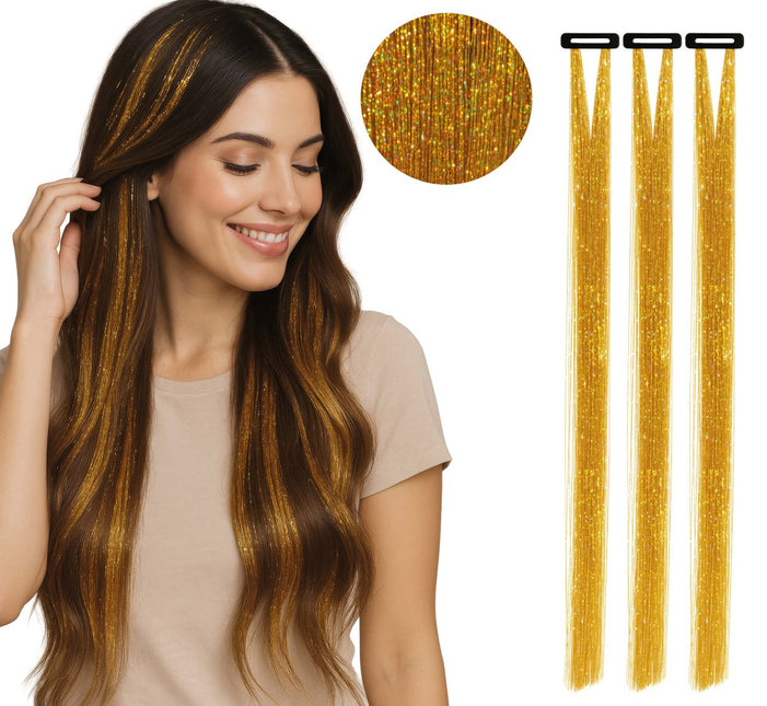 Gouden Hair Extension Glitters 50cm 3st van Fiestas Guirca koop je bij Partywinkel