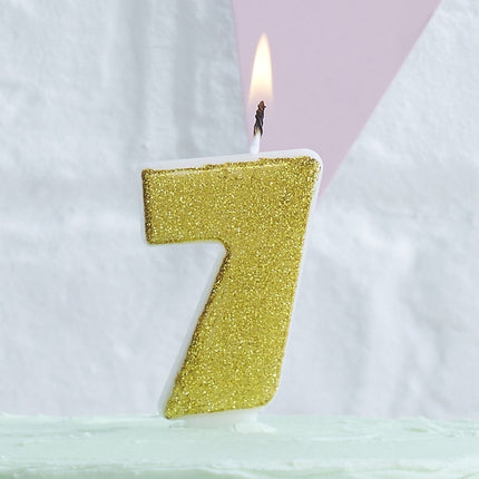 Gouden Kaars 7 Jaar Glitters 6cm van Ginger Ray koop je bij Partywinkel