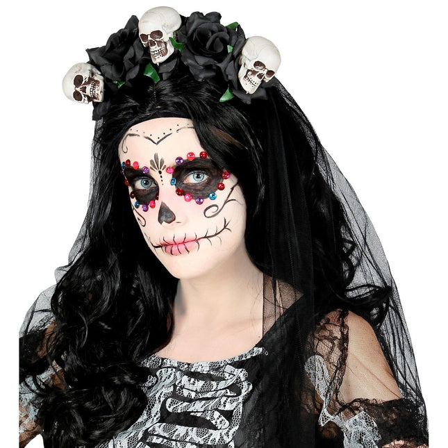Halloween Haarband Bruidsluier Schedel En Roos van Widmann koop je bij Partywinkel