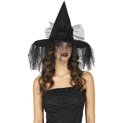 Halloween Heksenhoed Met Bloem En Sluier - Partywinkel - 8434077135174