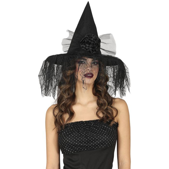 Halloween Heksenhoed Met Bloem En Sluier - Partywinkel - 8434077135174