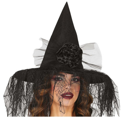 Halloween Heksenhoed Met Bloem En Sluier - Partywinkel - 8434077135174