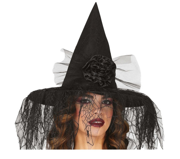 Halloween Heksenhoed Met Bloem En Sluier - Partywinkel - 8434077135174