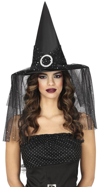 Halloween Heksenhoed Met Sluier En Sterren - Partywinkel - 8434077135181