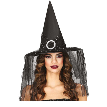 Halloween Heksenhoed Met Sluier En Sterren - Partywinkel - 8434077135181
