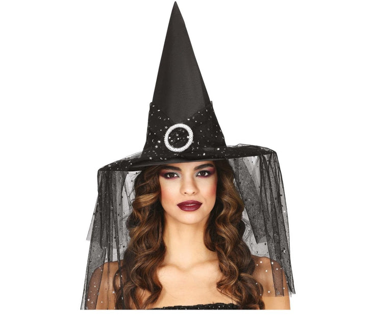 Halloween Heksenhoed Met Sluier En Sterren - Partywinkel - 8434077135181