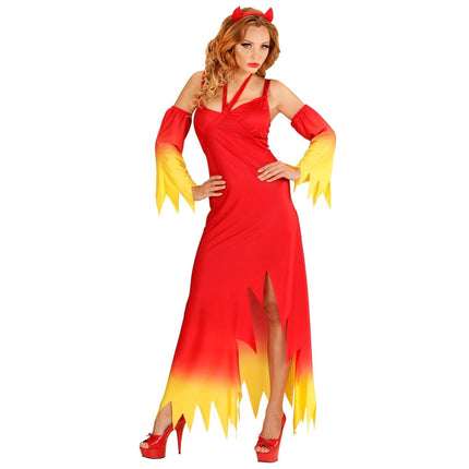 Halloween Jurk Rood Geel Dames Duivel van Widmann koop je bij Partywinkel