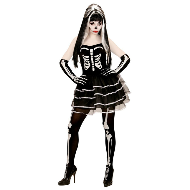 Halloween Jurk Wit Zwart Dames Skelet van Widmann koop je bij Partywinkel
