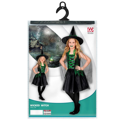 Halloween Jurk Zwart Groen Meisje Heks 2 delig van Widmann koop je bij Partywinkel