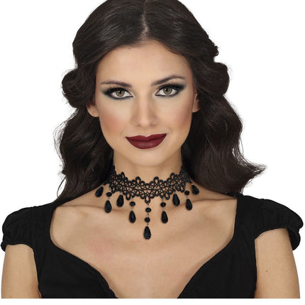 Halloween Ketting Zwart Choker Stenen - Partywinkel - 8434077268193