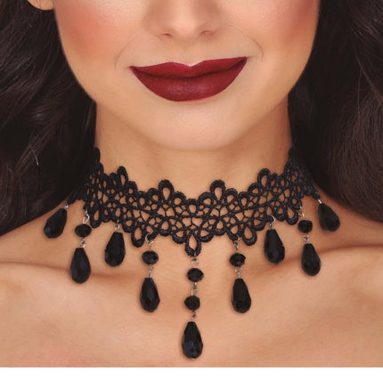 Halloween Ketting Zwart Choker Stenen - Partywinkel - 8434077268193