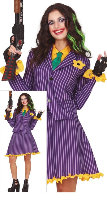 Halloween Kostuum Jurk Miss Jokerina Paars Geel Dames van Fiestas Guirca koop je bij Partywinkel