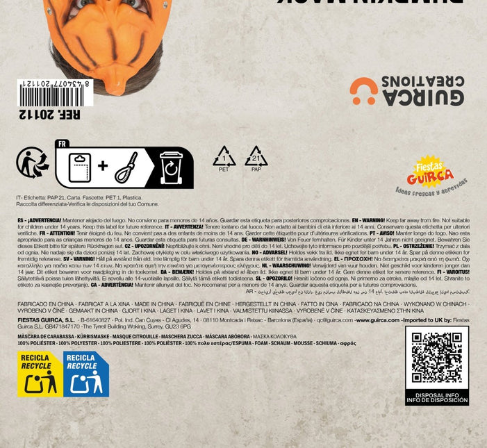 Halloween Masker Oranje Pompoen Foam van Fiestas Guirca koop je bij Partywinkel