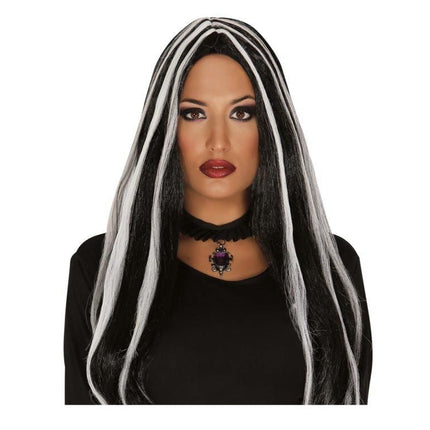 Halloween Pruik Lang Haar Witte Strepen van Fiestas Guirca koop je bij Partywinkel