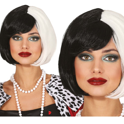 Halloween Pruik Zwart Wit Kort Haar - Partywinkel - 8434077480533