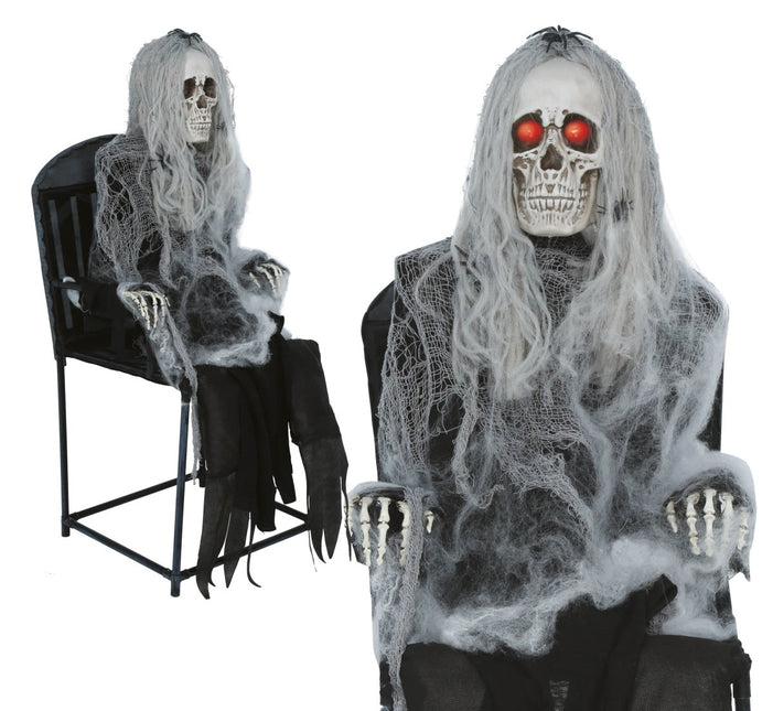 Halloween Skelet Op Stoel Met Licht, Geluid En Beweging 1,05m van Fiestas Guirca koop je bij Partywinkel