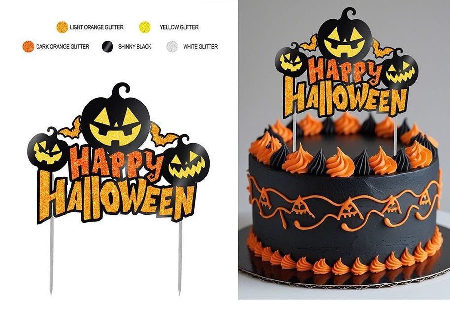 Halloween Taarttopper Zwart Oranje Glitter van Fiestas Guirca koop je bij Partywinkel