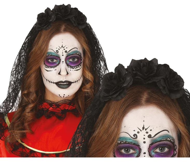 Halloween Tiara Bloemen En Sluier Zwart van Fiestas Guirca koop je bij Partywinkel